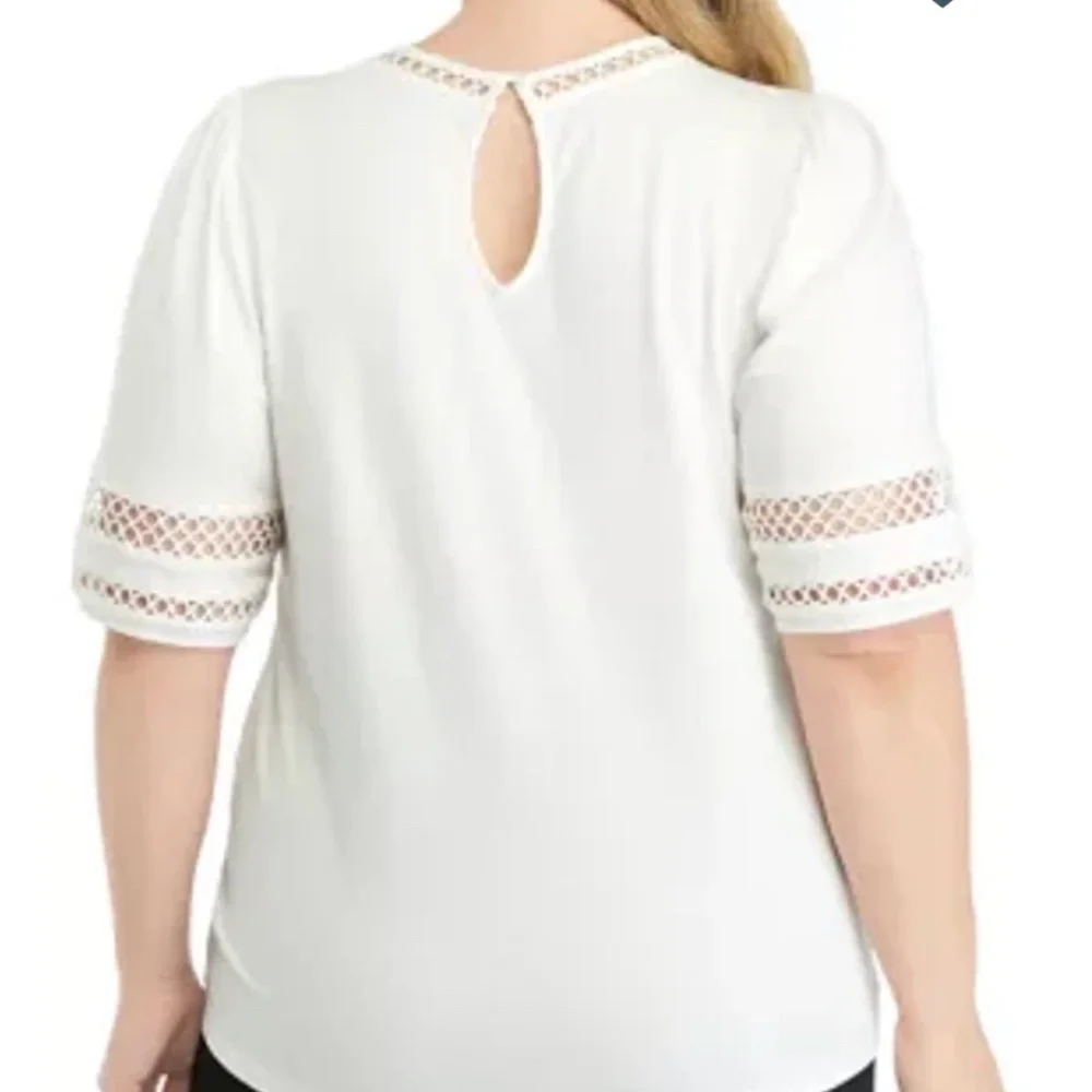 Anne Klein Harmony Knit Lace Trim Elbow Sleeve T-Shirt White Size 2X Casual - Picture 2 of 13